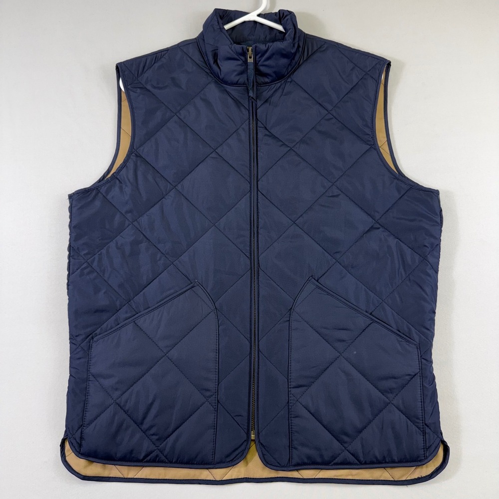 J Crew Walker Quilted Vest Mens M Navy Blue Diamond Padded Full Zip Preppy EUC